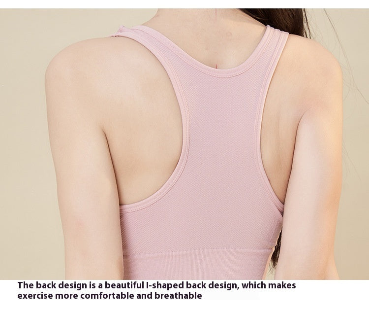 Blush pink wireless sports bra back with full-coverage racerback straps