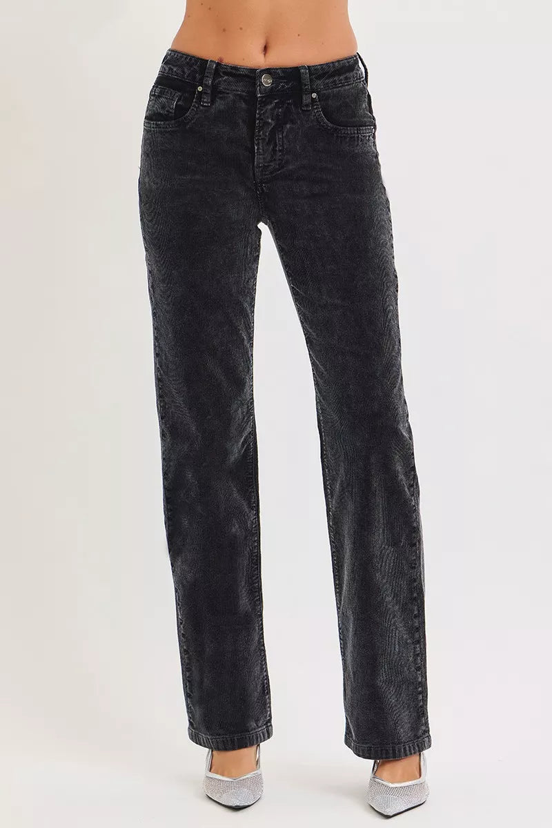 Midnight corduroy straight-leg trousers with mid-rise waistband and classic five-pocket look