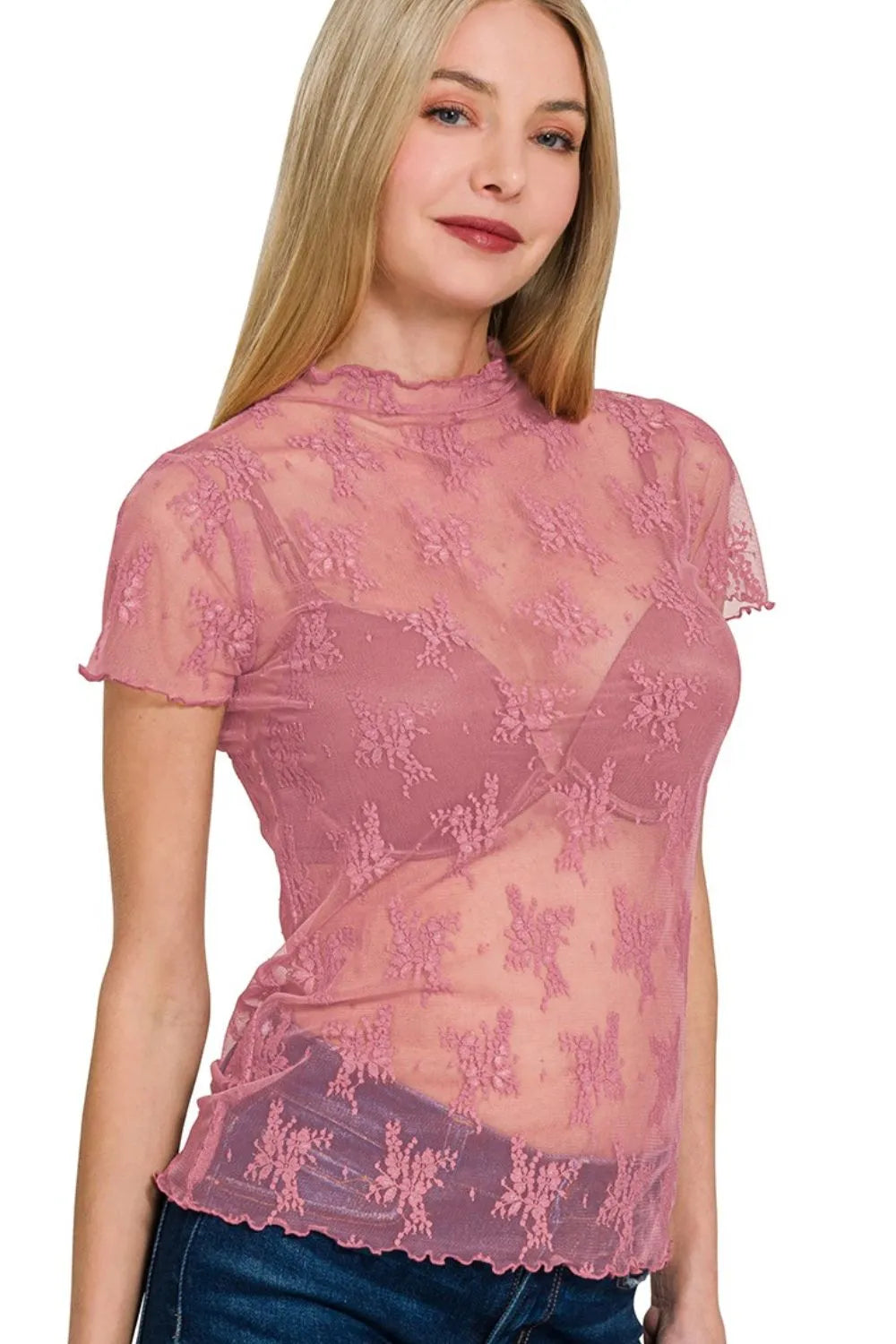 LT Rose lace see-through short sleeve top with high neckline