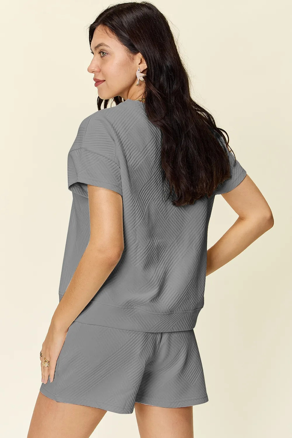 Light Gray back view: textured short-sleeve T-shirt set and drawstring shorts