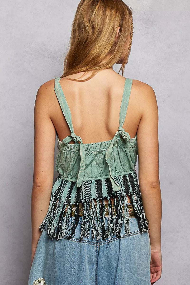 Back view of sage lace-up fringe hem tank with adjustable shoulder straps