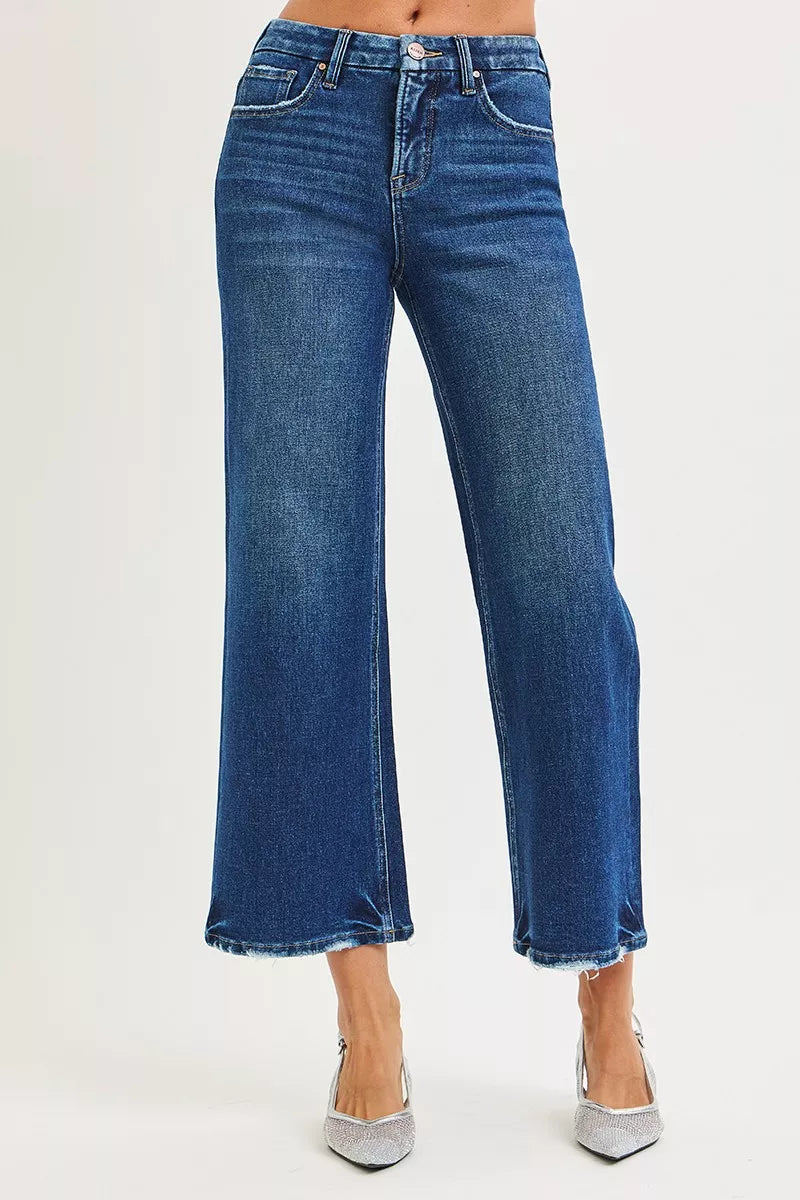 Dark wash high-rise wide-leg crop jeans, straight front seam and belt loops