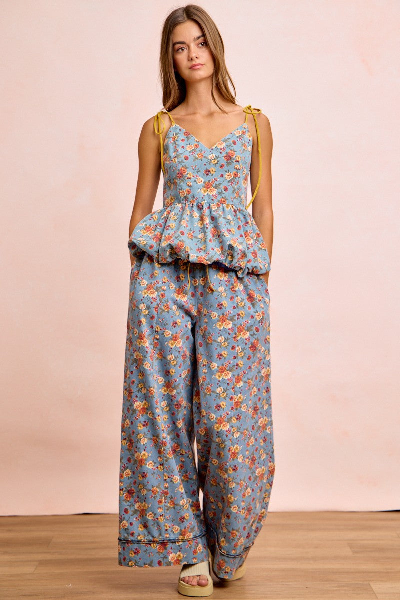 Floral printed wide-leg drawstring pants in denim blue, elastic waistband, ankle length