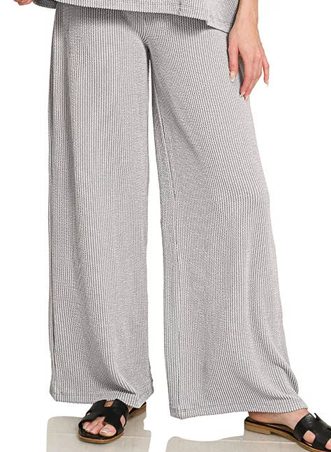 Wide-leg pants, raised rib knit, SLEET gray, relaxed waistband