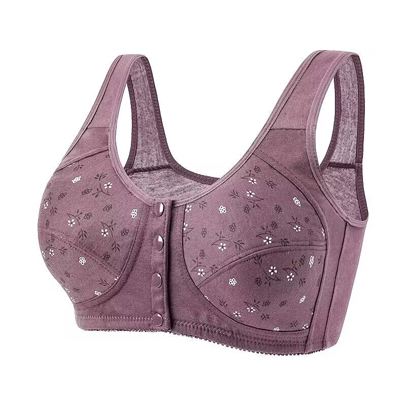 Printed wireless bra with wide straps, front button closure, mauve/purple floral pattern