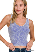 Washed ribbed seamless cropped V-neck tank top in LT indigo, close-up front hem