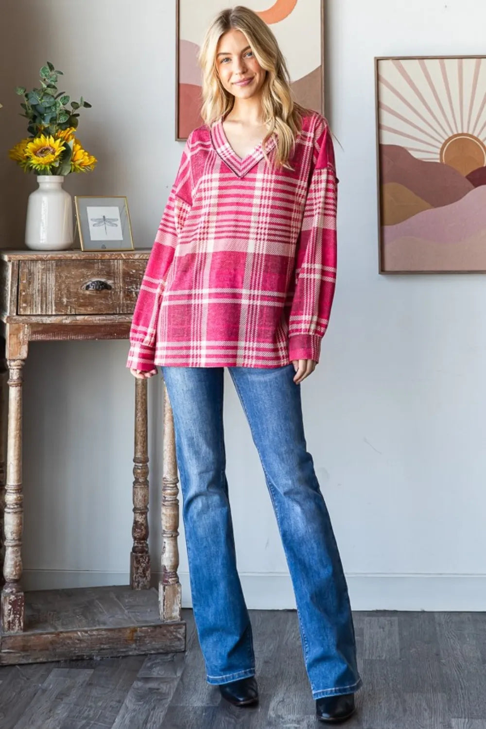 Burgundy multi plaid V-neck drop-shoulder T-shirt on model, long sleeves and loose cut