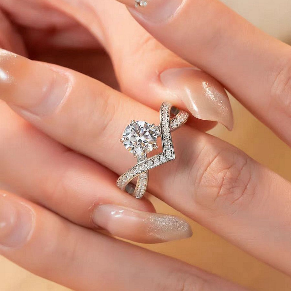 1 carat moissanite ring in 925 sterling silver with V-shaped pave detailing