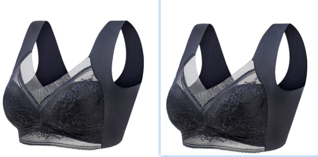 Pair of dark lace wireless push-up bras with floral cups and wide smoothing straps