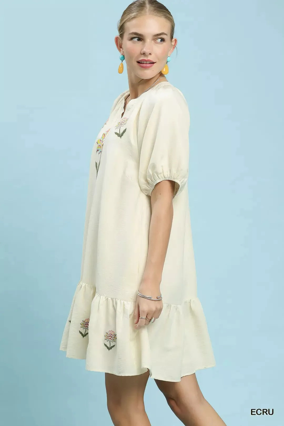 Ecru embroidered floral babydoll dress, short puff sleeves, gathered skirt