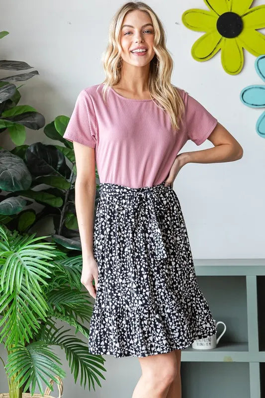 Mauve short-sleeve mini dress with flared black-and-white animal-print skirt