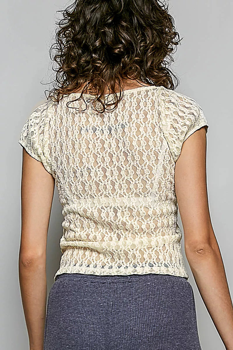 Natural lace top with scalloped back V and short cap sleeves