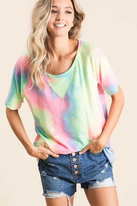 BiBi pastel multicolor tie-dye French terry short-sleeve top with crew neck
