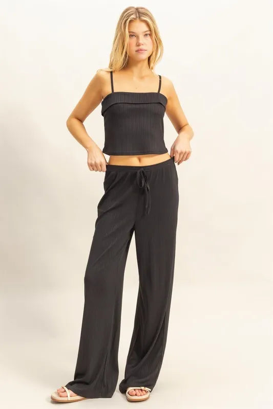 Black rib knit cami top and wide-leg drawstring pants set, spaghetti straps