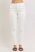 White high-waist jeans with patch pockets, button fly and belt loops