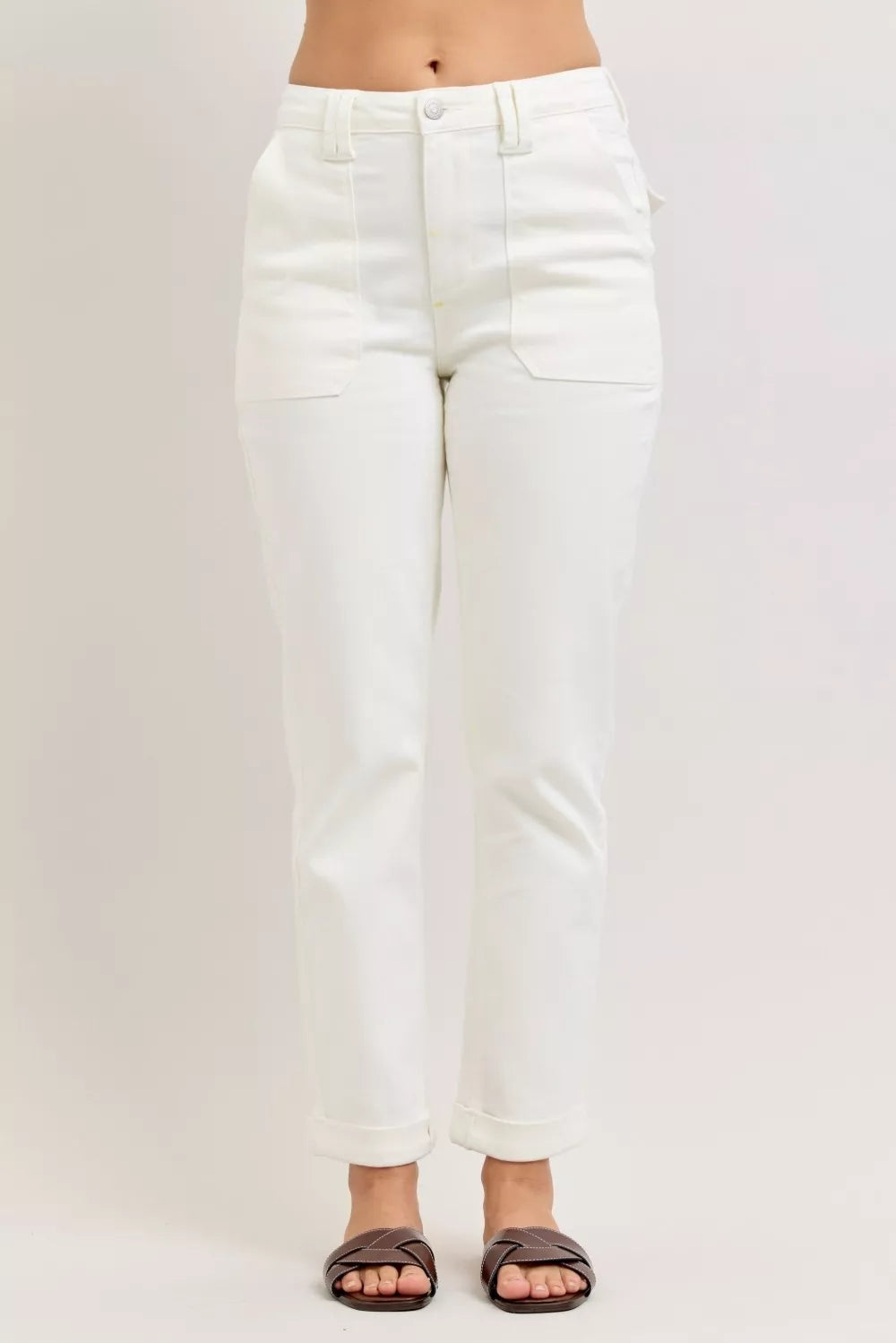 White high-waist jeans with patch pockets, button fly and belt loops