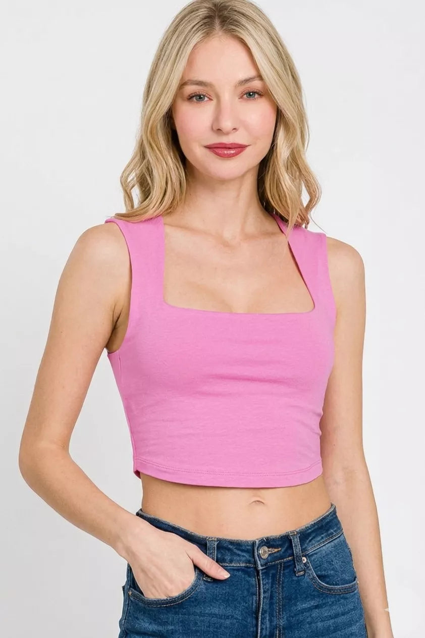 Candy Pink square-neck cropped tank, double layer and wide straps