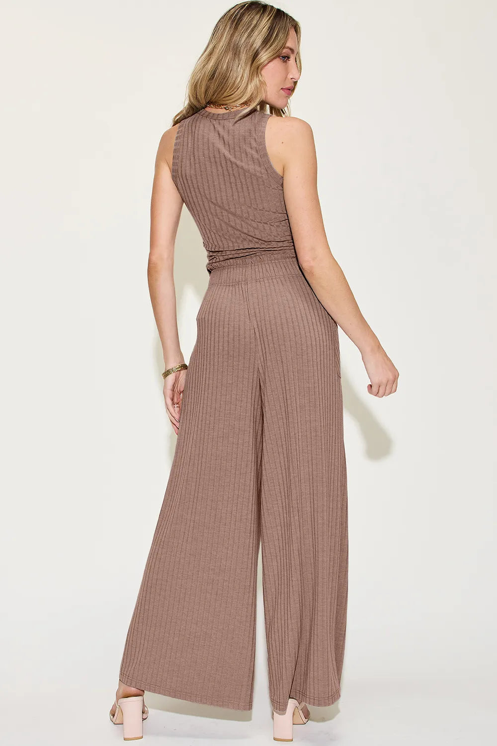 Mocha ribbed tank and wide-leg pants set, sleeveless side view
