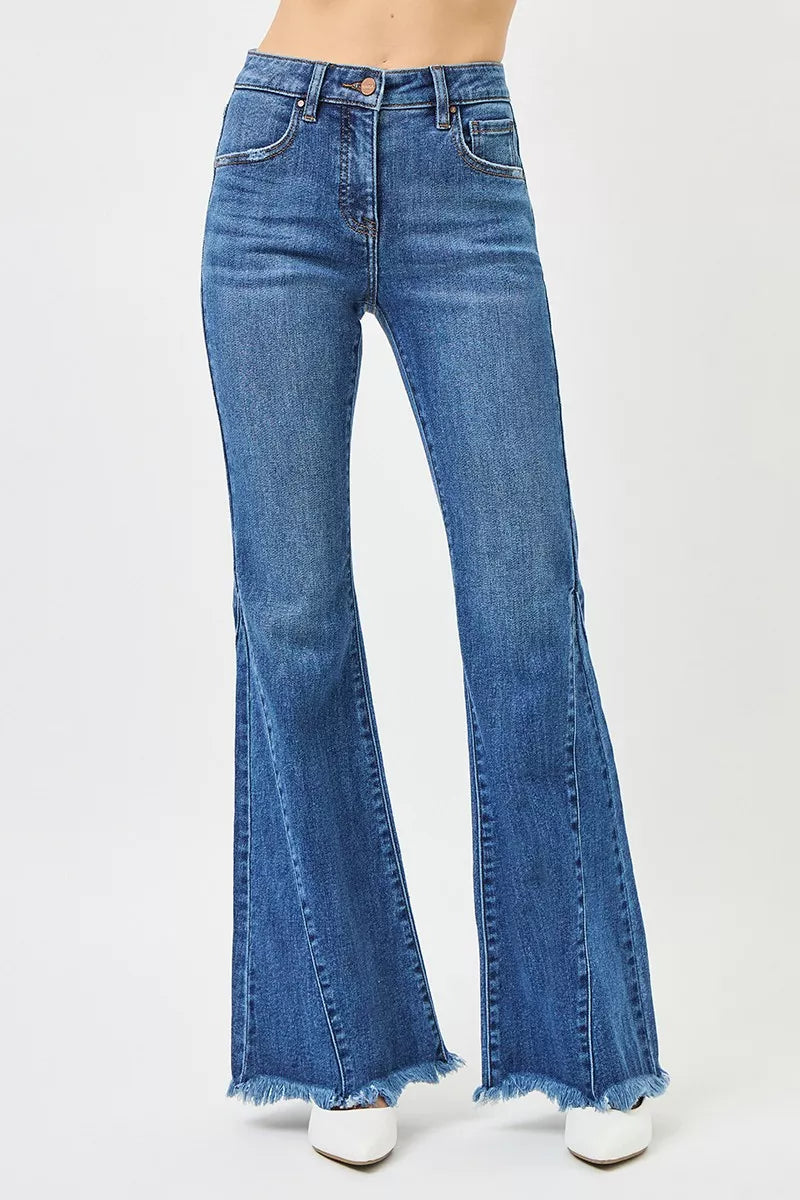Dark blue mid-rise jeans: button closure, 5-pocket style, flared leg