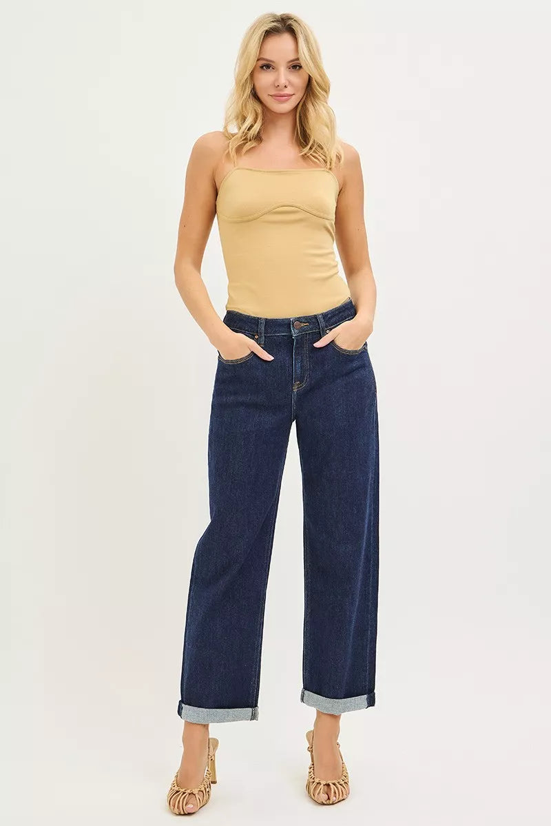 Dark blue slouchy cropped boyfriend jeans with cuffed hems