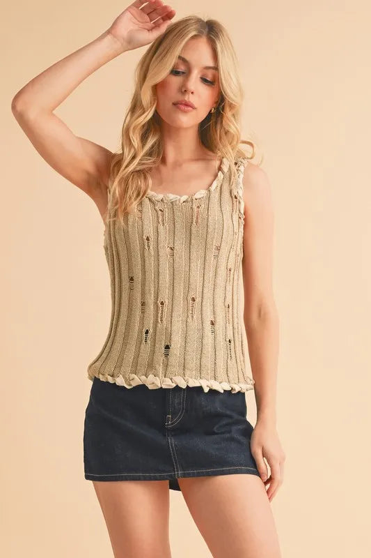 Khaki distressed knit tank with round neck and sleeveless silhouette, scalloped hem
