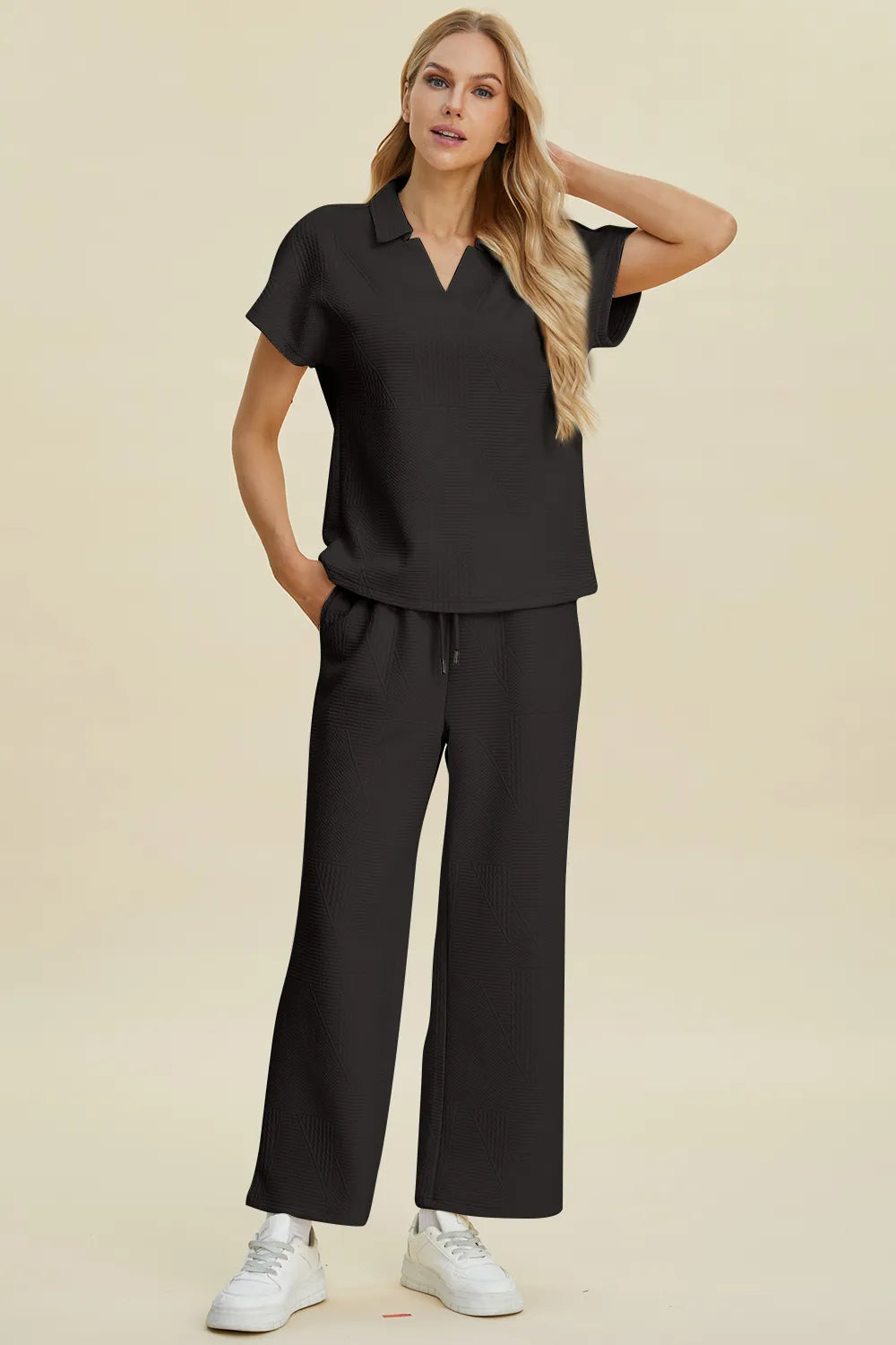 Black collared short-sleeve top & wide-leg pants set, front view