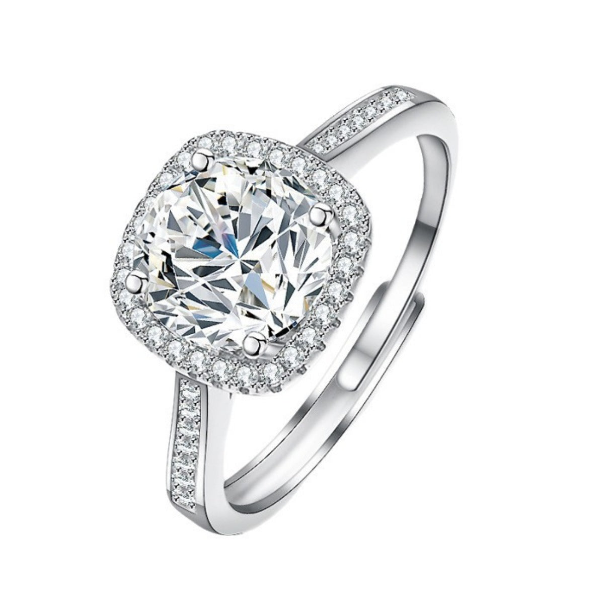 Sterling silver moissanite ring, large cushion center with halo and pavé split band