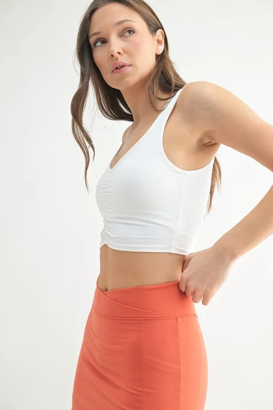 White active tank with gathered ruched front and wide scoop neckline