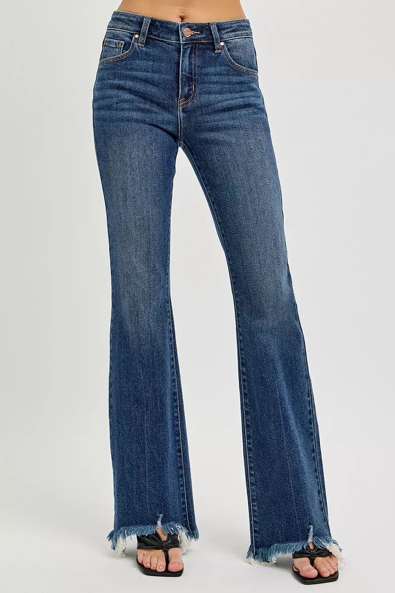Dark blue mid-rise flare jeans with frayed ankle hem and front seam