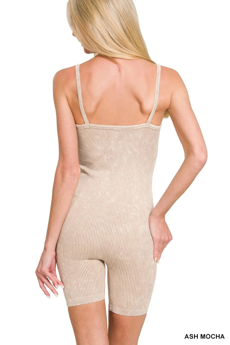Back view: Ash Mocha ribbed seamless romper with spaghetti straps and short legs