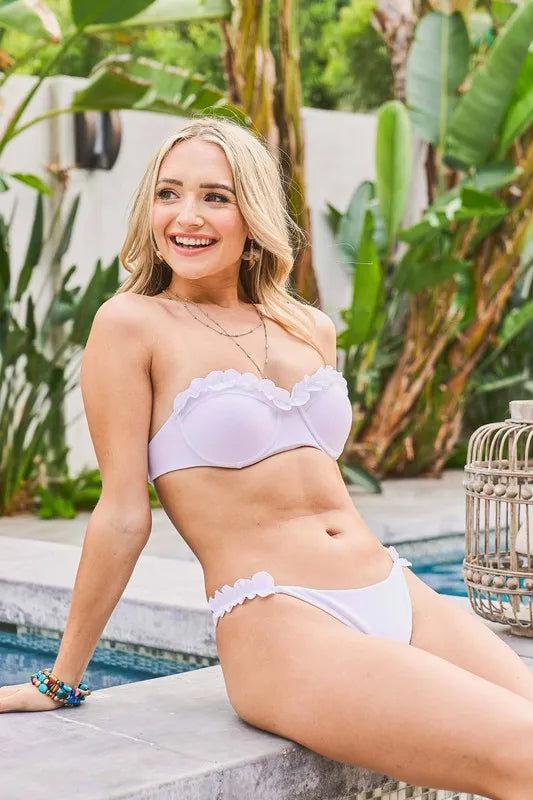 Light lavender bandeau bikini set with ruffled scalloped trim and matching bottom