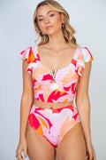 Two-piece floral swimsuit set, ruffle cap sleeves, high-waisted bottoms, orange/pink/white