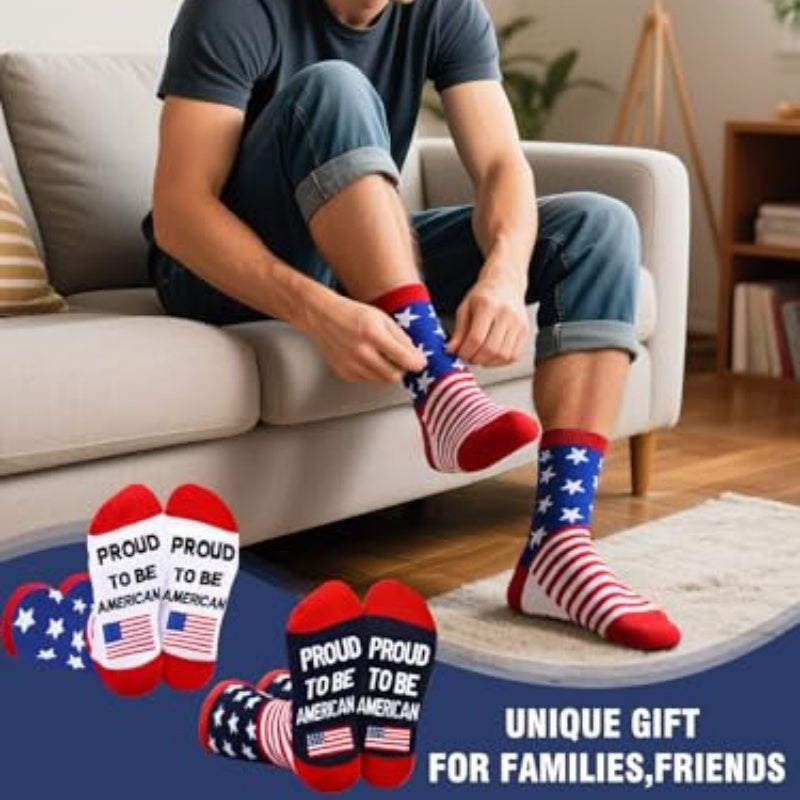 Patriotic crew socks with blue star pattern and “Proud to be American” print