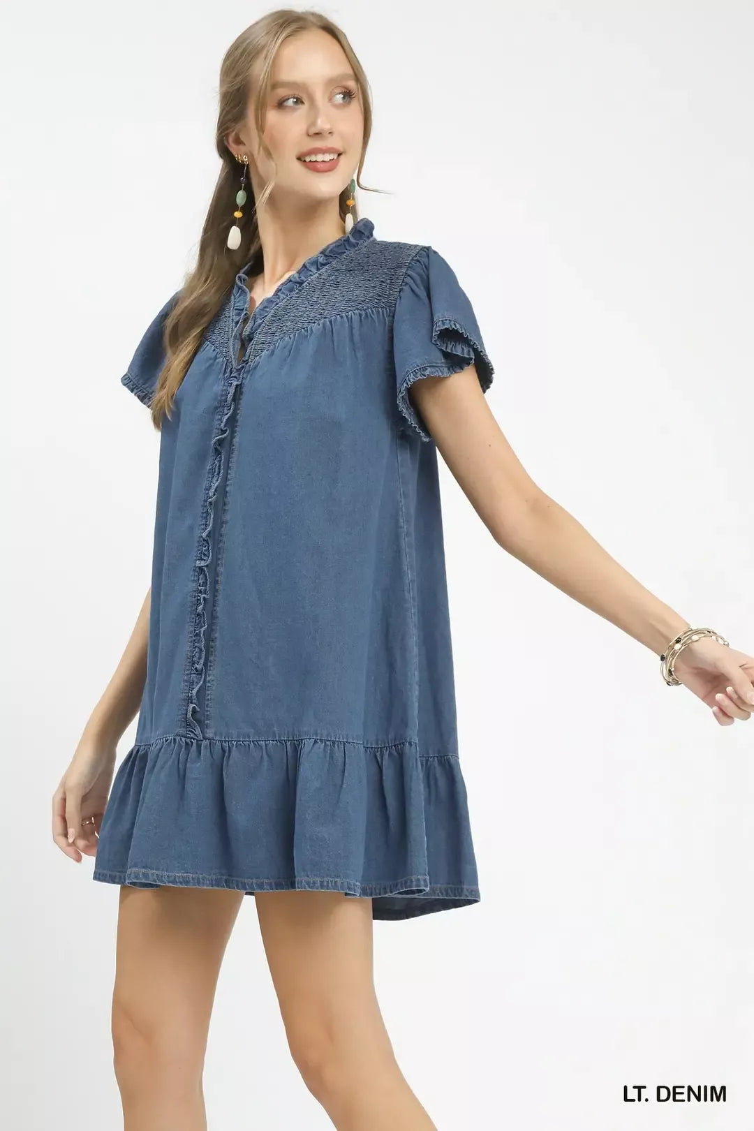 LT. denim denim dress with button-front and ruffled collar, short sleeves