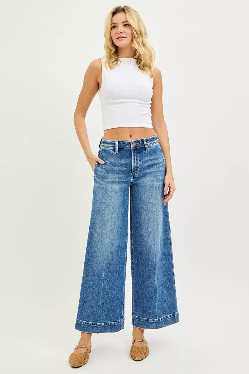 Slouchy ankle wide jeans worn with a sleeveless top, dark blue denim and wide legs