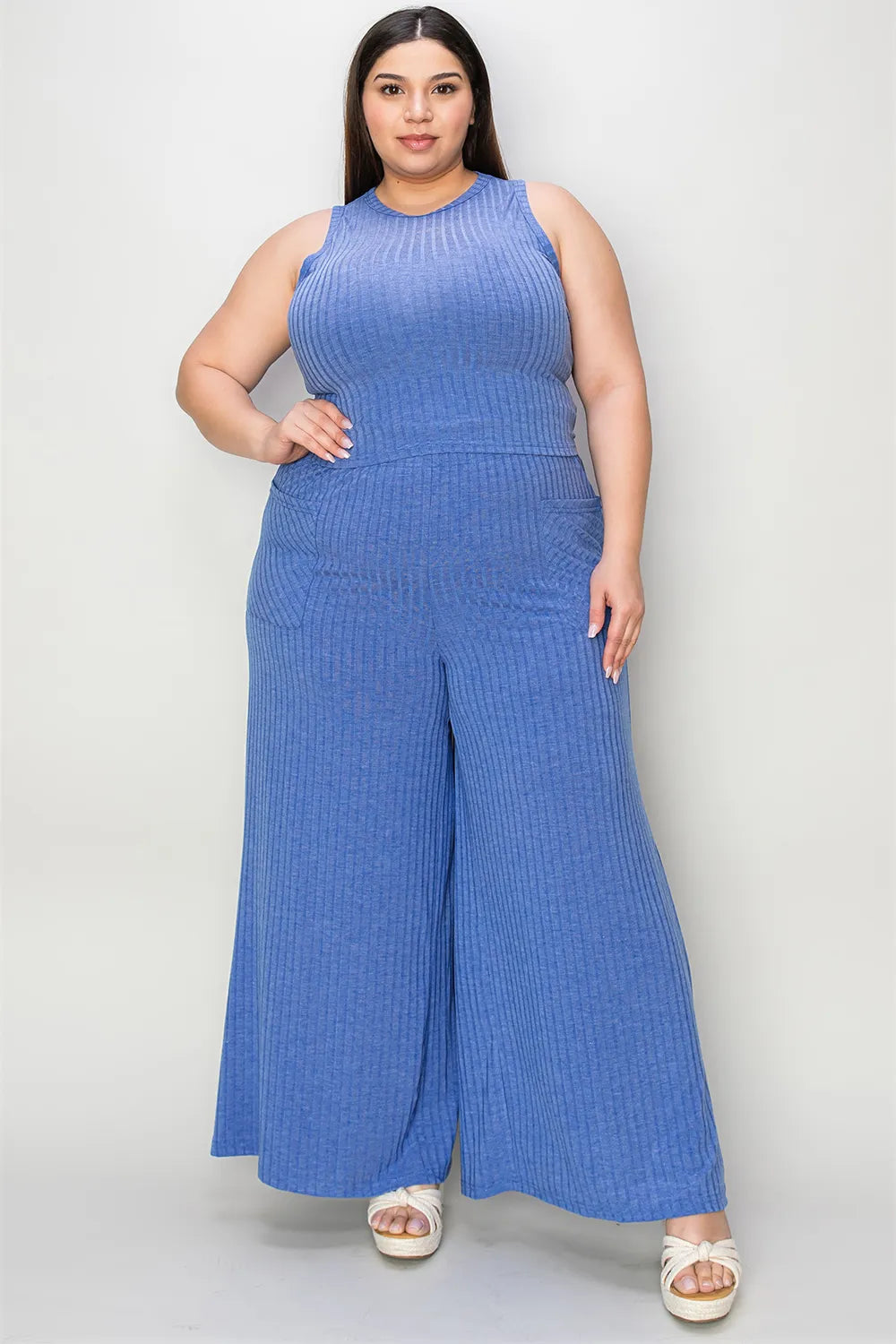 Blue ribbed sleeveless tank and wide-leg pants set with wide leg openings