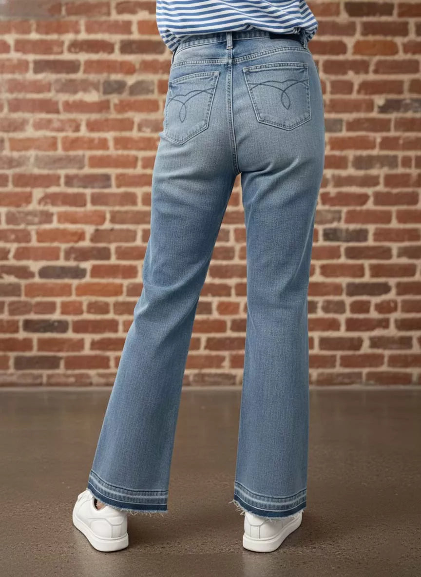 Light blue bootcut jeans with cuff detailing and stitched back pockets
