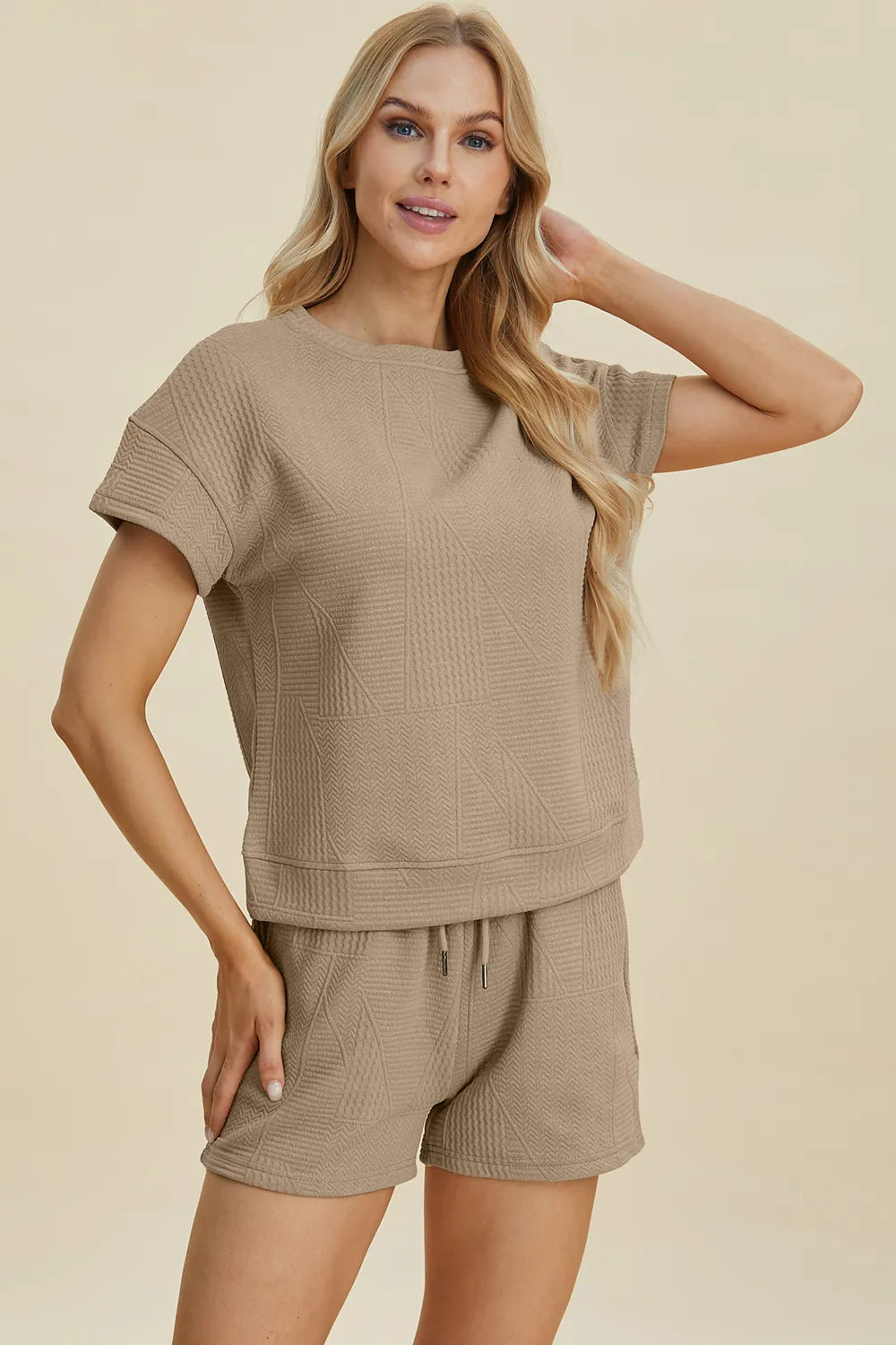 Khaki textured tee and shorts set with crew neckline and drawstring waist