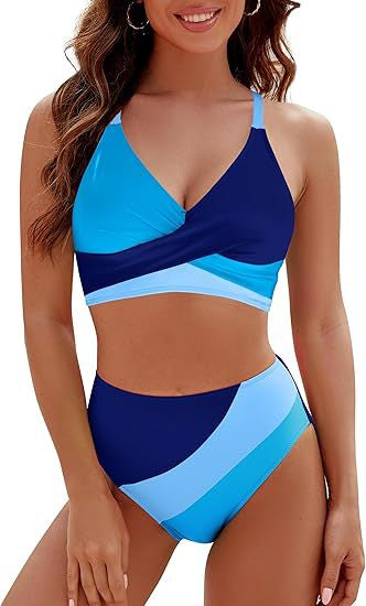 Blue and navy colorblock cross-strap bralette and high-waist bikini bottom set