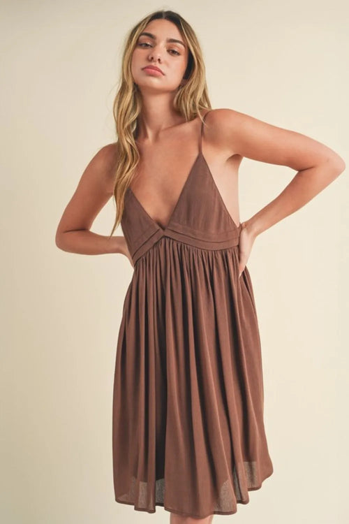Brown plunge mini cami dress with ruched V-neck and adjustable straps