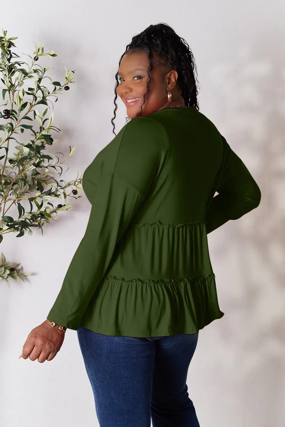 Army green long sleeve blouse with tiered ruffle hem (back view)