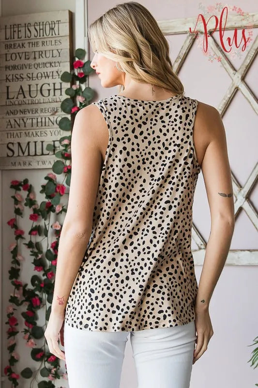 Back view of sleeveless animal-print button-front top, khaki with black spots