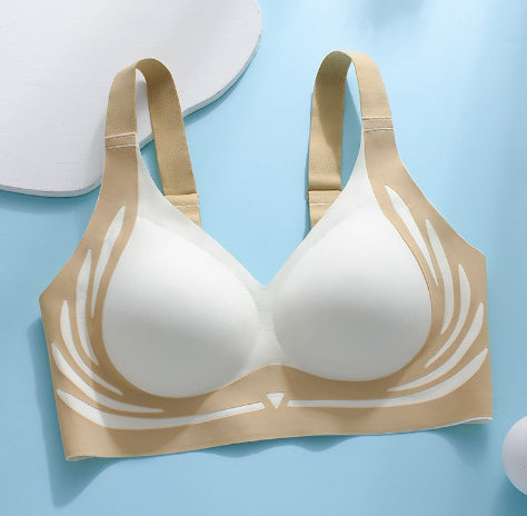 Tan sports bra with white swirl print, racerback straps, V-cut neckline (2-pack)