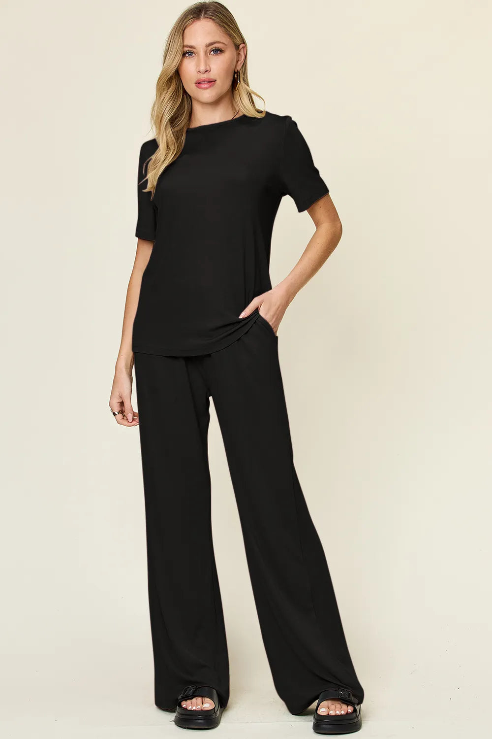 Black round-neck short-sleeve T-shirt and wide-leg pants set