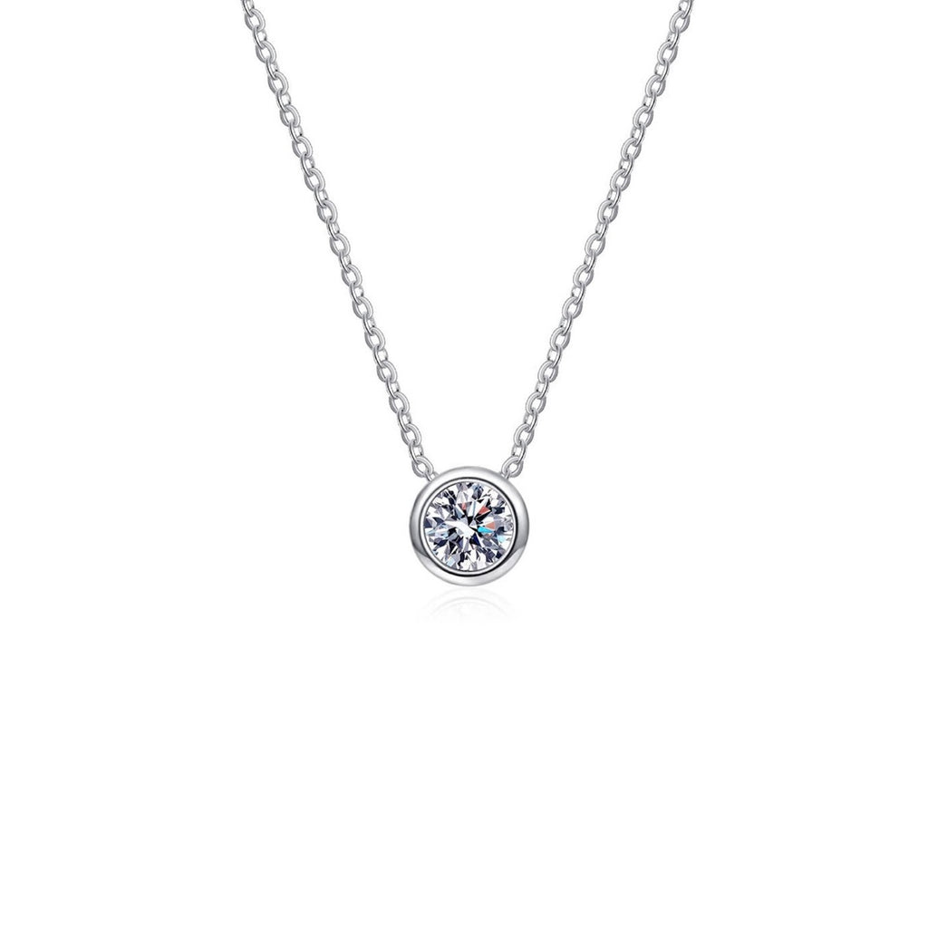 Round moissanite pendant necklace with thin silver chain and round bezel setting
