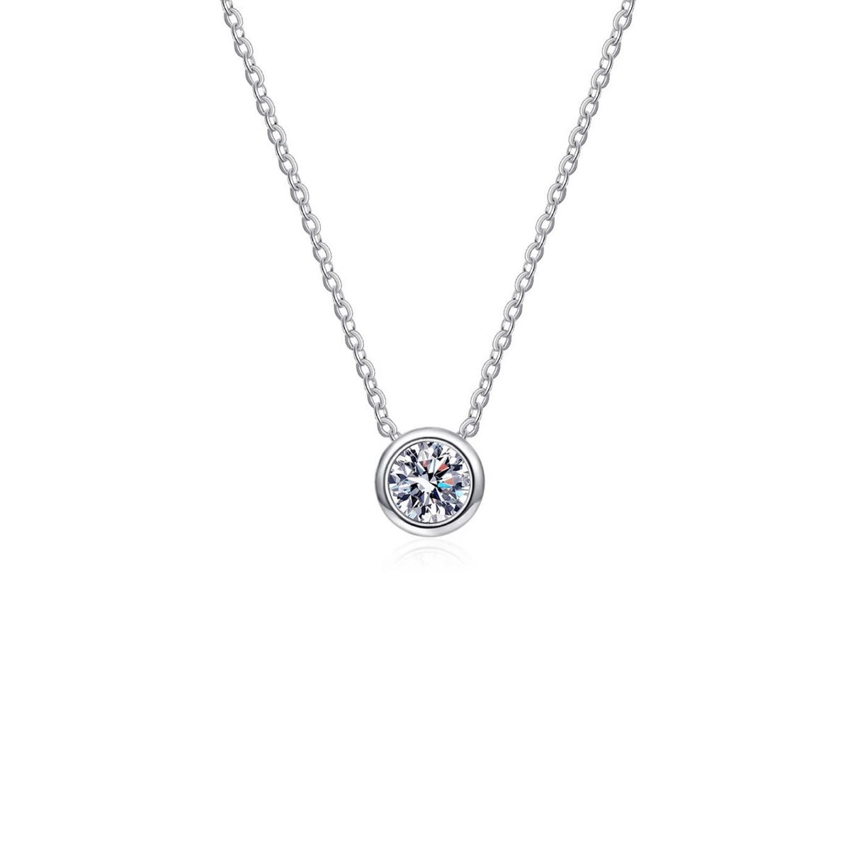 Round moissanite pendant necklace with thin silver chain and round bezel setting