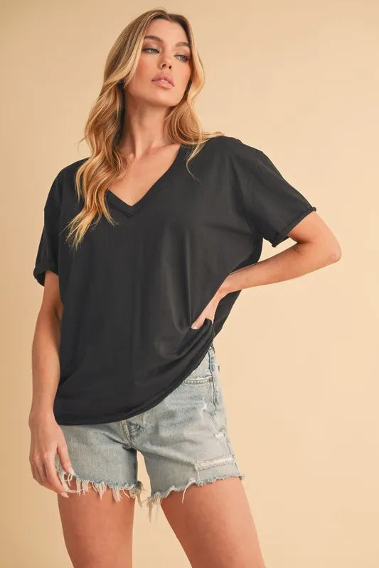 Black V-neck short-sleeve T-shirt, front view with side drape