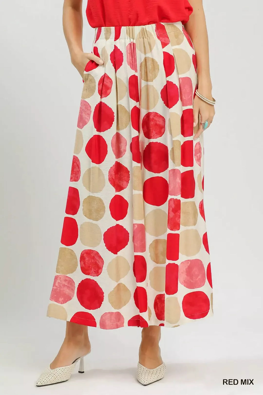 Red dot-print wide-leg pants with elastic waist, full length, beige-red mix