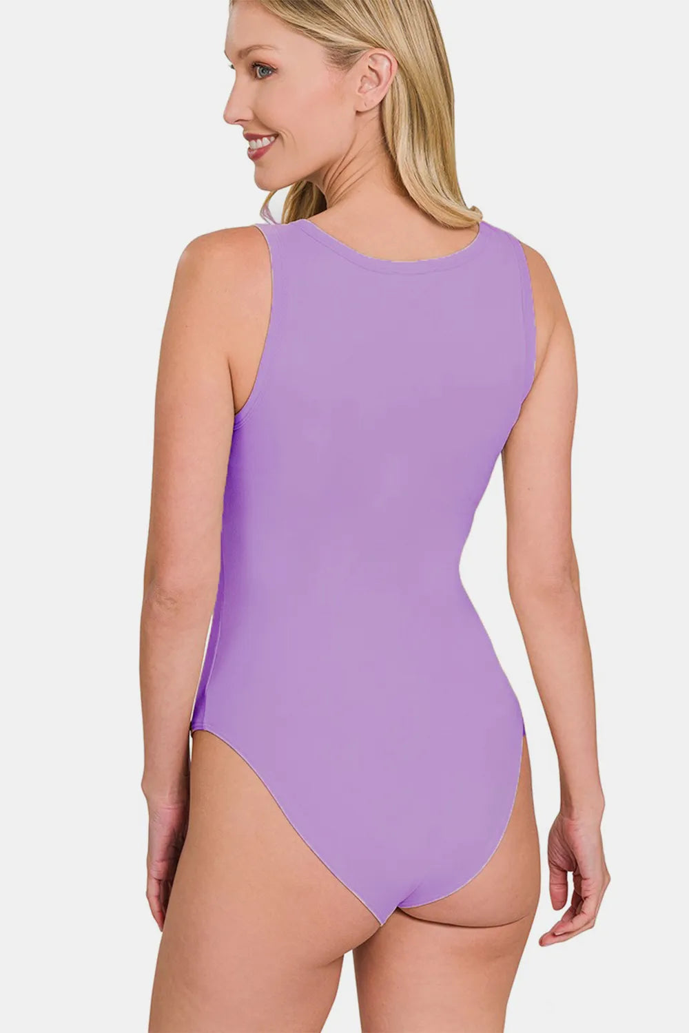Lavender sleeveless bodysuit with high back and thong-style leg