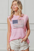 Pink knit sleeveless top with sequin American flag patch on the chest